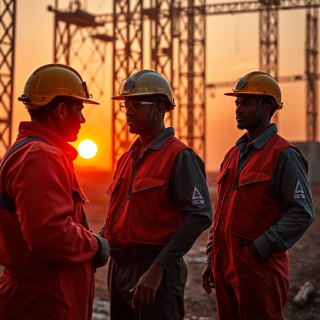 Équipe d’ingénieurs QHSE sur un site industriel au coucher du soleil