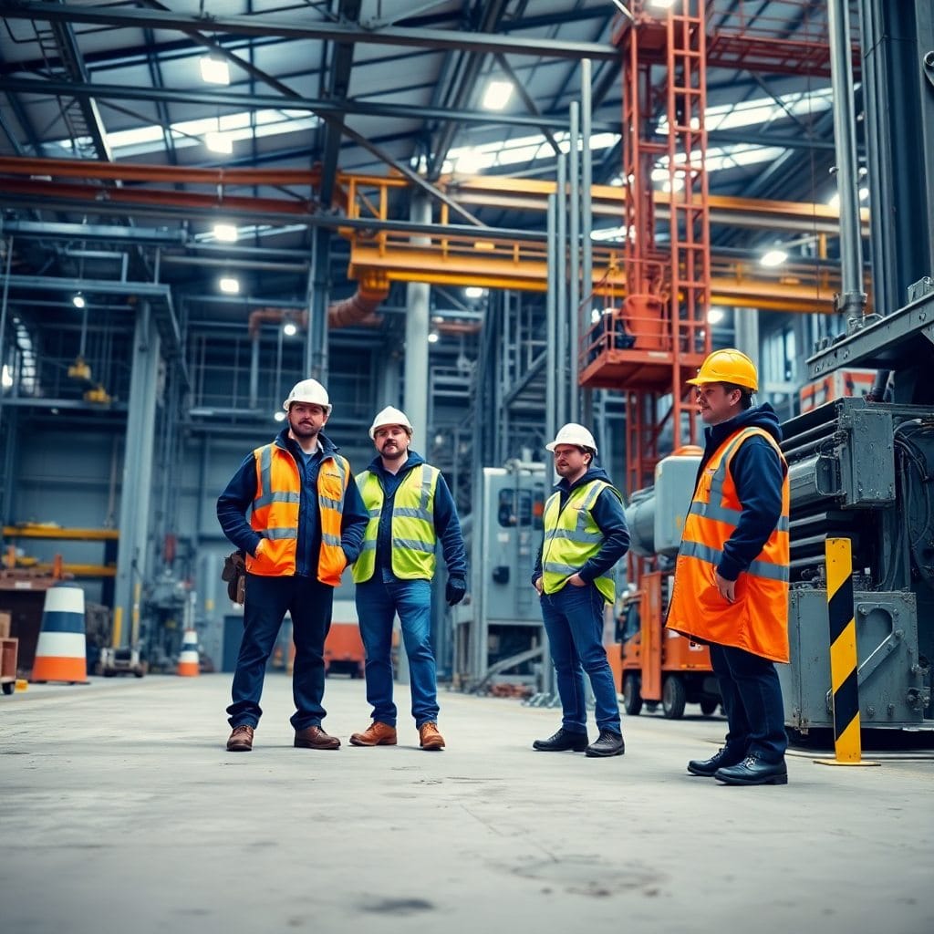 Professionnels en équipement de protection sur un chantier moderne